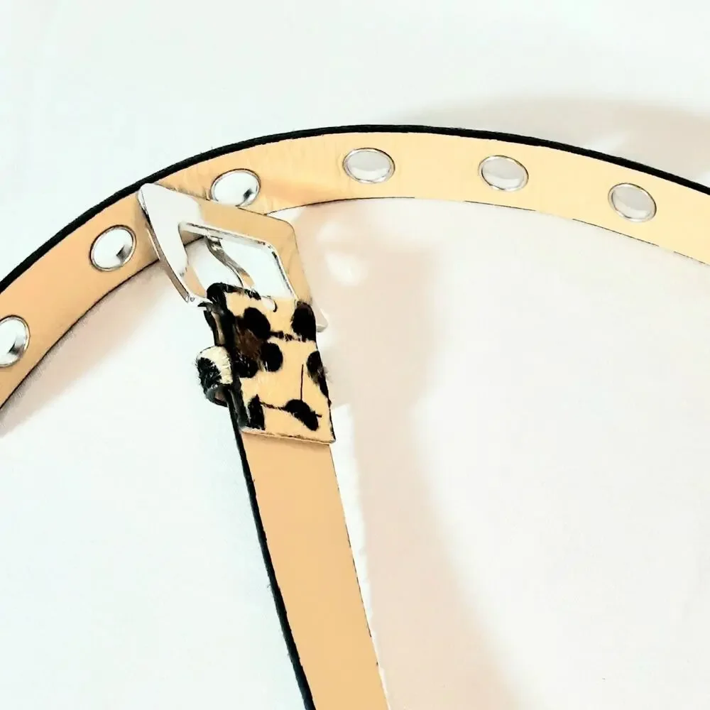 Womens Leopard Print Hairy Faux Leather Belt Size Large Big Grommets